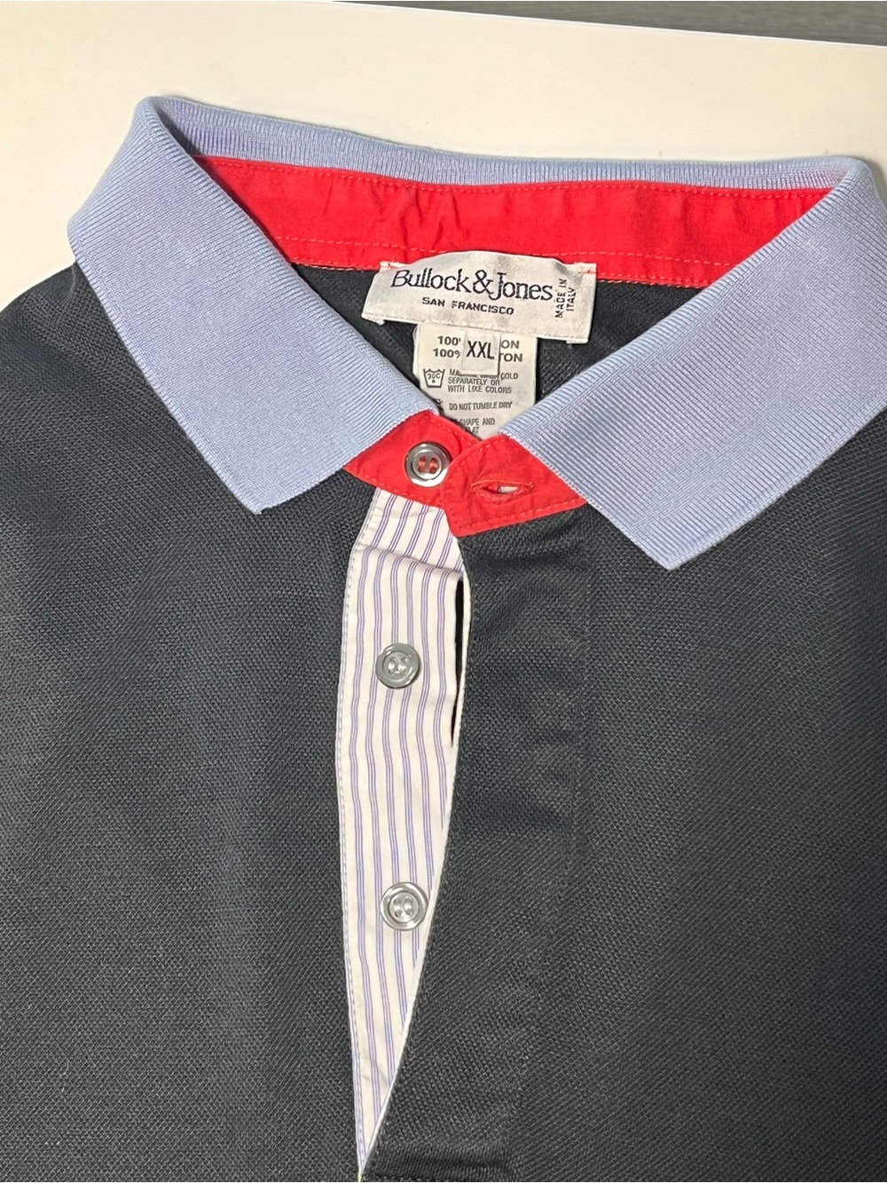 Bullock & Jones Men's Black Polo Shirt with Light Blue Collar and Red Trim XXL